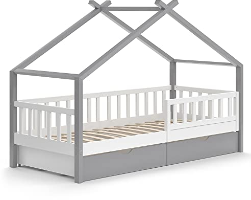 VitaliSpa Hausbett Design, Weiß/Grau/Grau, 90x200 cm mit Schubladen