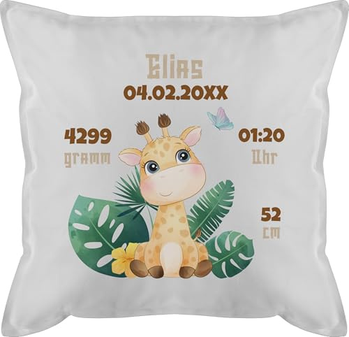 Kissen 50x50 - Geburtsgeschenk Giraffe personalisiert Datum Gewicht Uhrzeit Größe I Geschenk zur Geburt - 50 x 50 cm - Weiß - personalisierte Geschenke Baby geburtskissen neugeboren Birth