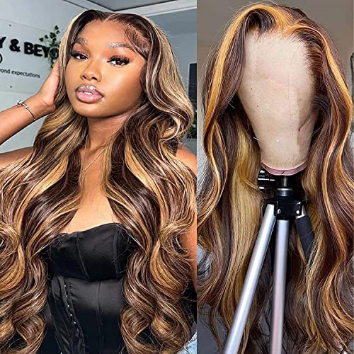 DULTEV Peluca de cabello humano rubio miel con encaje frontal, sin pegamento, predepilada, onda corporal HD de 13 x 4, reflejos de color degradado 4/27, para mujeres (onda corporal, 32 pulgadas)