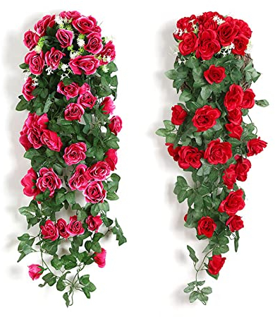 milaosk 2 Pezzi Fiori Artificiali sul Muro, Piante Pendenti Artificiali Appeso Fiore Edera Artificiale Appeso Rosa Fiori Rossi Pianta Finta Appesa per Balcone90 cm (Rosso, Rosa)