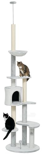 PawHut Árbol para Gatos de Suelo a Techo de 225-255 cm Torre para Gatos Ajustable en Altura con Cueva Plataformas Hamaca Postes Rascadores y Bolas Colgantes Ø60x225-255 cm Gris