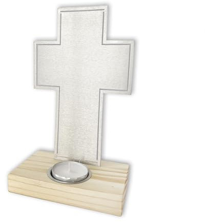 FRITZ COX Stehkreuz mit Teelichthalter - moderne Symbolik und Spiritualität | Edelstahlkreuz und stabiler Holzsockel | z.B. für einen Tisch-/Trauer-Altar zuhause oder Gedenkstätte | 20cm
