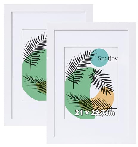 Spotjoy Bilderrahmen 2er Set 21x29.7 cm DIN A4 mit Passepartout | Holzrahmen Rahmen für Tisch- und Wandmontage Zertifikatsrahmen mit Acrylglas für Fotos, Poster, Porträts, Weiß