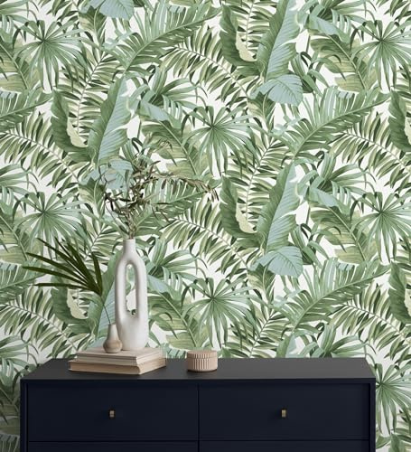 GAULAN 682357 Papier peint lavable feuilles tropicales vert et blanc pour mur salon chambre couloir stanza salle à mange tête de lit hall d'entrée - Rouleaux de 10 m x 0,53 m