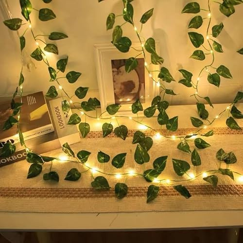 ACAREY LED Lichterkette Efeu Künstlich, 2M 20 LEDs Efeu Girlande Lichterkette Mit Batterie Für Innen, Lichterkette Mit Blumengirlande Hängend Pflanzen Für Innenberei,Hochzeit, Party Deko (2M 20LED)