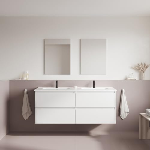 AMIZUVA - Conjunto de Mueble de Baño Serie Cheap Amplio, Acabado en Blanco Brillo - Dimensiones 140x56x45 cm