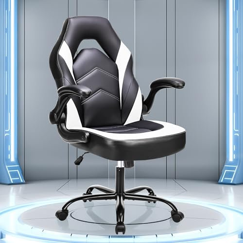 Sweetcrispy Gaming Stuhl,Leder Ergonomischer Bürostuhl,Gamer PC Stühle mit Armlehne,90-120°einstellbar Gaming Chair,Drehbar Schreibtischstuhl Computerstuhl,Schwarz Weiß