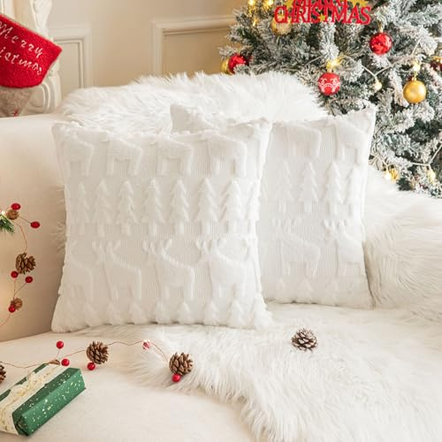 XNSHUN 2er Set Kissenbezug Weihnachten, Deko Kissenhüllen Weihnachtsdeko Plüschkissen Sofakissen Deko Bezug, Zierkissenbezug Für Kissen Sofa Schlafzimmer Wohnzimmer (45x45cm,Weiß-Elch)