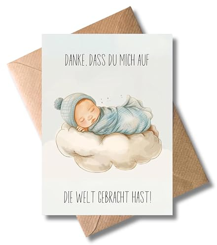 WBdesignz Danke Mama Karte zur Geburt – liebevolle Grußkarte mit schlafendem Baby auf Wolke – emotionale Karte zum Muttertag, für frischgebackene Mamas – inkl. Umschlag – DIN A6