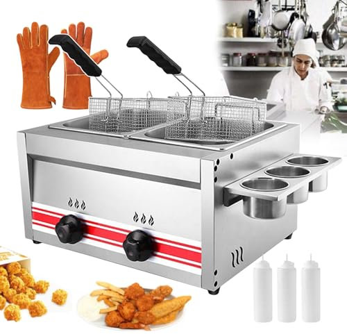 forplubossmmp Professional Oil Deep Fryer | Countertop Chip Fryer | Stainless Steel | Dual Tank Deep Fryer Kitchen Frying Machine | Countertop Cooktops for Commercial and Home Use 10L + 10L