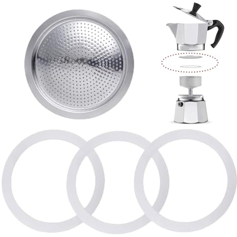 4 Stück Espressokocher Dichtungsring 3 Tassen, Ersatzdichtung Silikon, Mit Aluminium-Siebeinsatz, Dichtungsringe für Kaffeekannen (3 x Dichtungsring aus Silikon + 1 x Stahlfilter) (3 Tassen)