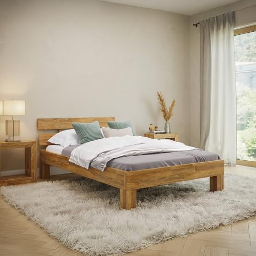 skølm Floki Massivholzbett Eiche 120x200 cm, Bett mit Bettkopf, Natur geölt | hochwertiges Bettgestell mit Strebe, Bettrahmen, massives Holzbett, Bett geeignet als Doppelbett, Futonbett Schlafzimmer