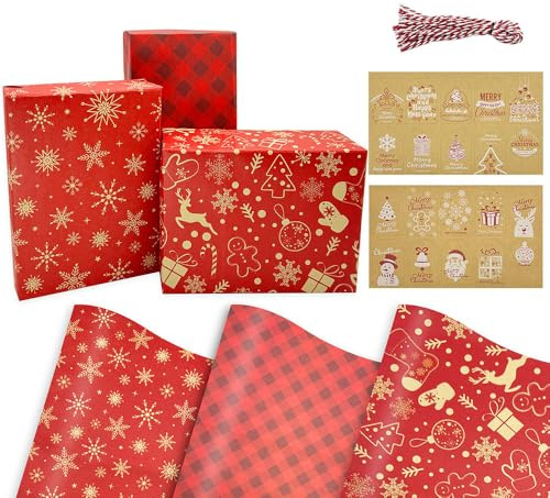 Papel de regalo navideño para envolver regalos - 6 hojas de papel de regalo rojo de Navidad en 3 diseños festivos 70 x 50 cm Papel Kraft con etiquetas de regalo y cinta
