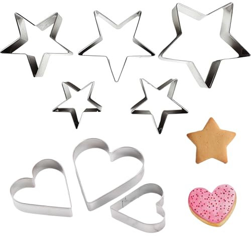 5 Pcs Star and 3 Pcs Heart Cookie Cutters Set for Christmas Baking, Stainless Steel Pastry Cutters for Biscuits, Cakes, Kids' Gingerbread, Mini Snowflakes and Creative Hexagon Shapes