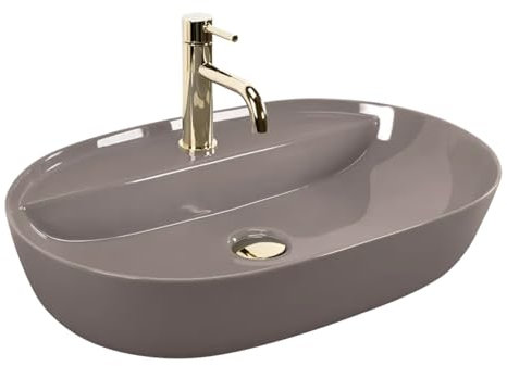 VBChome Waschbecken 61 x 41 cm Keramik Beige Oval mit Hahnloch Waschtisch Handwaschbecken Aufsatzwaschbecken Waschschale Keramikwaschbecken Waschbecken im Badezimmer