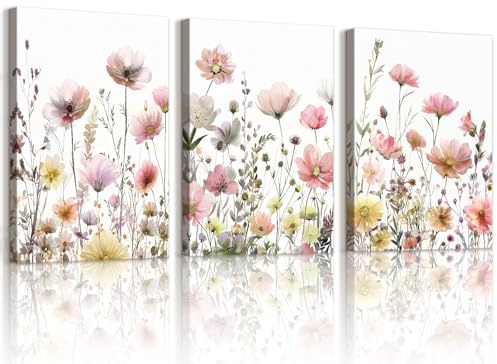 WENGTIAO 3 Stück Bunte Wilde Blumen Leinwand Bilder Kunstdrucke Gerahmt | Rot Rosa und Gelb Geblümt Bild Malerei auf Leinwand für Moderne Wohnzimmer Schlafzimmer Wanddeko 30x40cmx3