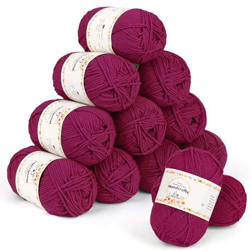 Aeelike 600g(12x50g) Häkelgarn Baumwolle zum Stricken, Langlebige Amigurumi-Set 100% Polyacryl Baumwollgarn, 5Ply Wolle zum Häkeln für Socken, Mützen, Schals, Pullover, Puppen, Rose Lila