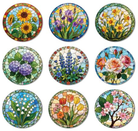 ANATTASOUL 9 Pièces Dessous de Verre Peinture, Fleurs Et Vitrail sous Verres Peinture Coasters, sous-Verres en Bois Couleurs, Été Dessous de Verre Rond pour Maison, Bar, Bureau