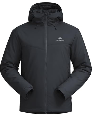 Pioneer Camp Giacca invernale leggera da uomo con cappuccio, calda, traspirante, impermeabile, antivento, con chiusura lampo a 2 vie e tasche, ideale per attività all'aperto, Nero , XXL