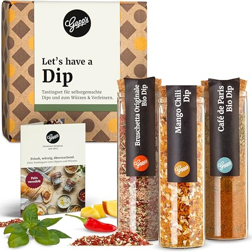 Gepp‘s Feinkost 3-er Mini Set Dip I Gewürze Set für Snack-Liebhaber | Mit den Gewürzmischungen Dips einfach selbst anrühren I Bio-Gewürze Mango-Chili, Bruschetta und Café de Paris Gewürz