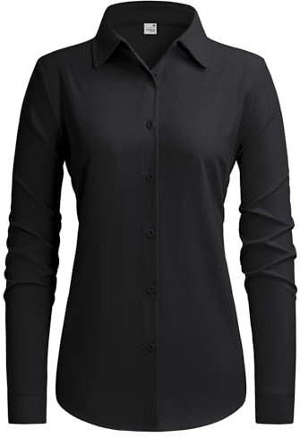 siliteelon Button Down Shirts for Women Stain Shield Long Sleeve Dress Shirts Wrinkle-Free Collared Work Office Blouses Black XL
