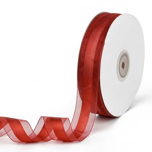CABODYALS Nastro di Organza Trasparente Rosso Scuro Largo 45.72 m, 25mm, in Chiffon A Righe, con Bordo in Raso, in Tessuto, Nastri per Cucito, Artigianato, Confezioni Regalo, Bouquet, Decorazioni per