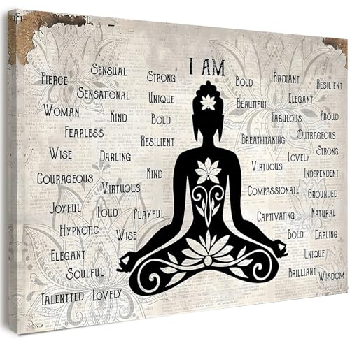 Qiukoo Gerahmte Zen-Wandkunst, Buddha-Statue, Leinwand mit positiven Bestätigungen für Wohnzimmer, Schlafzimmer und Garten, Buddha-Dekor, Buddha-Wandkunst mit Rahmen, Haken zum Aufhängen und spurlosen