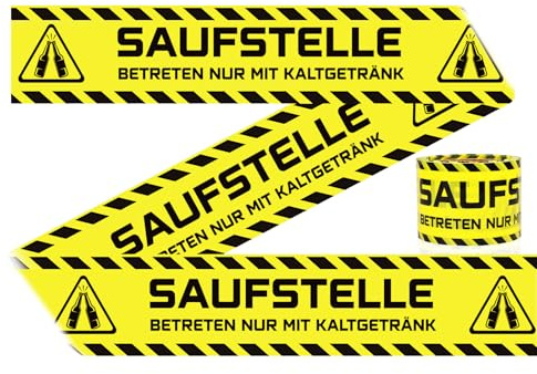 Anruzon Lustiges Party-Absperrband „Saufstelle“ Festival gadget Zubehör 50m - Party Zubehör für Malle, Festivals, JGA & Geburtstag - Camping, Bierparty-Deko, Sauf gadgets für Männer (Gelb)