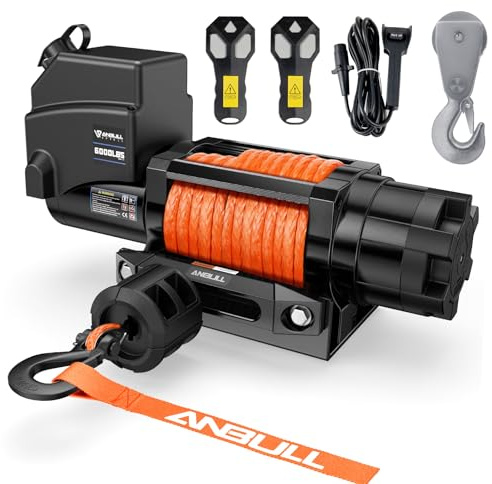 Anbull Elektrische Seilwinde 12V IP68 6 000 LBS/2722 Kg Synthetikseil 16.8m | Einfache Montage, 2x Funkfernbedienung 1x Kabelfernbedienung, Motorwinde, Kompatibel mit Quad, Bootstrailer, orange