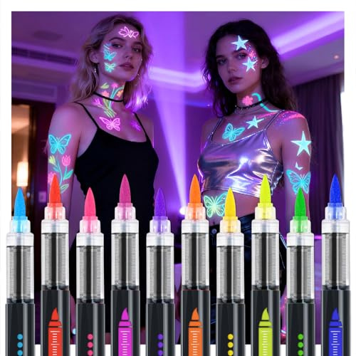 MOWETOO 10 halloween smink svart ljus färg neon smink, fluorescerande färg tatueringspennor lyser under svart ljus, bodypainting färger för neonfest svart ljus dekoration