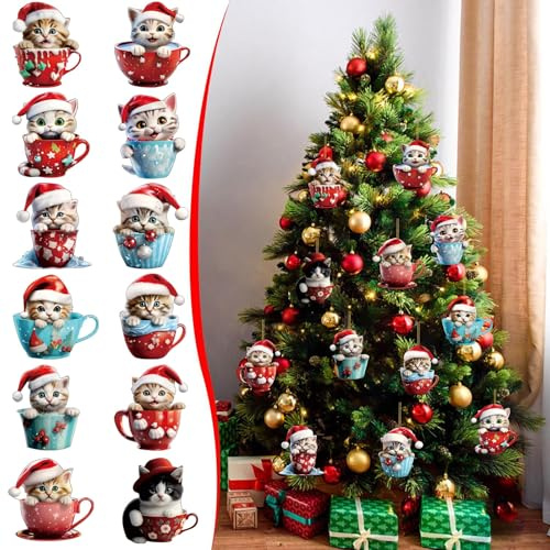 Weihnachtsbaumschmuck Katze, 12 Pcs Weihnachtsbaum Anhänger, Christbaumschmuck Katze, Katzen Anhänger Weihnachten, Katzen Weihnachten Deko, Weihnachtsbaumschmuck Lustig für Christbaumschmuck