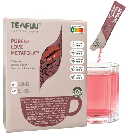 TEAFUU Purest Love METATCHA – Instant Rose Tea Powder with Hibiscus, Freeze-Dried Tea, 15 Sticks, Ready in 3 Seconds, Hot or Cold