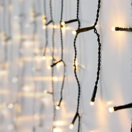 Eisregen Lichtervorhang warm weiß 3m für Außen mit Stecker | 90 LED, Eiszapfen Lichterkette, 20 Lichtfäden, Weihnachtsdeko