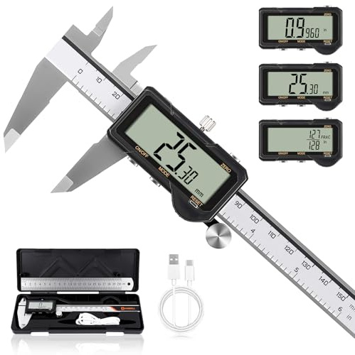 HARDELL Digital Caliper Rechargeable, Calipers with Reset Setting, Caliper Measuring Tool with mm/in/F Conversion, Auto Off & Large Screen Digital Micrometer for Jeweler/Woodworking/3D-printer-6 inch