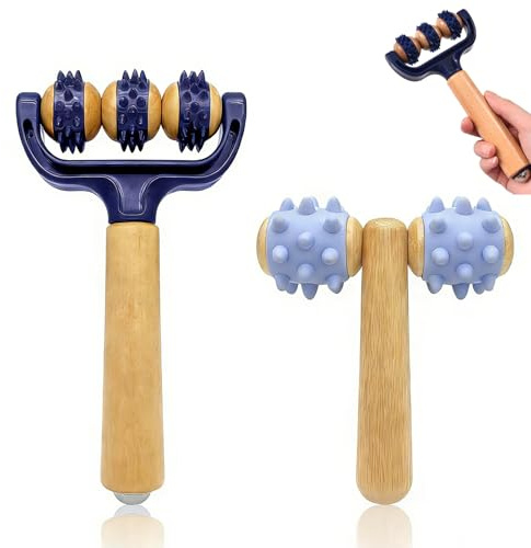 Feegela Massageroller Set, 2 Stück, mit Griff für Beine & Rücken | Holz & PVC, Handliches Massagegerät, Tiefenentspannung, Für Zuhause & Unterwegs