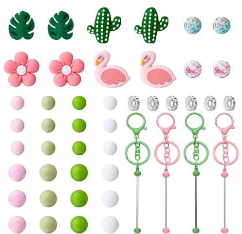 BEEFLYING Perlen SchlüSselanhäNger Bastelset, 94 Stk Kaktus | DIY SchlüSselanhäNger Selber Machen TaschenanhäNger Set Keychain Making Kit mit Bunten Legierungsringen und Buchstabenperlen