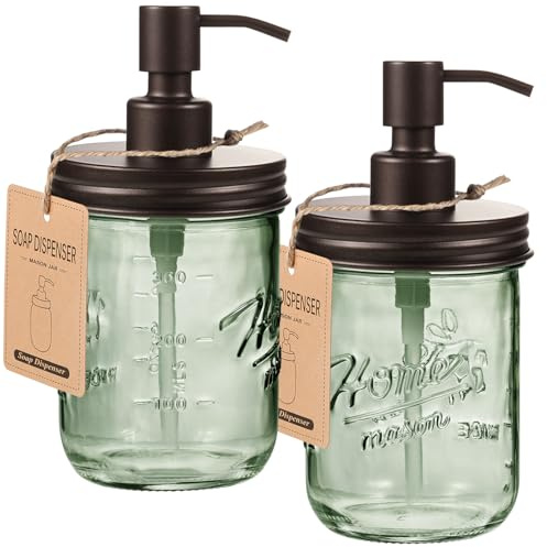 SheeChung 16oz Green Glass Mason Jar Liquid Soap Dispenser, Bronze, 2 Pack | Stainless Steel Pump Lid, Refillable Dish and Hand Soap Dispenser for Kitchen Bathroom, Farmhouse Lotion Bottle, Rustic Decor