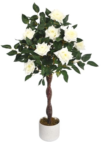 GarveeHome Planta Artificial de rosal, Planta Artificial Decorativa con protección UV en Maceta, árbol Artificial para Mesa de Boda, salón, Oficina