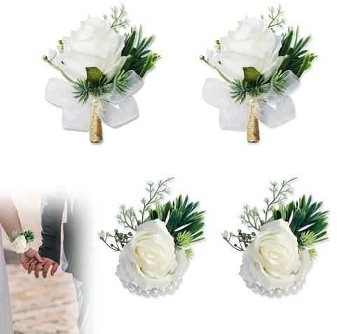 JNYUTEEN 4 Pezzi Set Fiore Polso E Boutonniere Matrimonio, Braccialetto Fiori Bianchi per Sposi E Damigelle, per Balli E Feste Eleganti