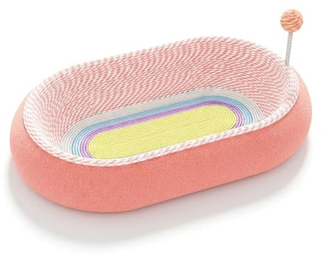 VOKINO Lit griffoir pour chat rose avec balle de jeu et cloche – Arbre à chat 2 en 1 et espace de couchage – Meuble à gratter robuste – Jouet interactif pour chat