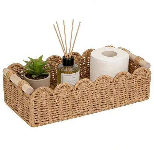 Cesta de almacenamiento trenzada en cuerda de papel con asas de madera, cesta papel higienico baño, cestas organizadoras rectangular para estanterías, cestas decorativas hogar, 35,5x16x10 cm, natural