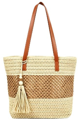 unisoul Straw Beach Bag for Women, Hand-Woven Summer Tote Bag with Zip, Lightweight Shoulder Handbag for Holidays, Travel & Daily Use, Off White