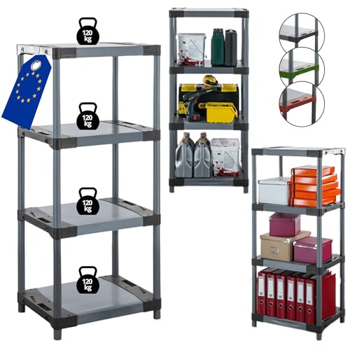 MODO24 Jupiter-4 Plastikregal, Kunststoffregal mit 4 Fachböden, freistehend, Wetterfest, Steckregal, Werkstattregal, Kellerregal, Lagerregal für Garage, Abmessungen 138x70x42 cm, Farbe: Grau