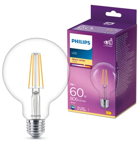 Philips LED Classic E27 Filament Lampe (60 W), LED Lampe in Globe-Form mit warmweißem Licht, energiesparende LED Beleuchtung mit langer Nutzlebensdauer, Warmweiß
