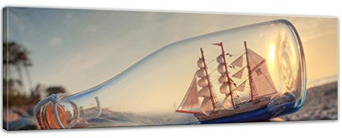 Keilrahmenbild Buddelschiff - Schiff in der Flasche IV - 120x40 cm Keilrahmenbilder Bilder als Leinwanddruck Fotoleinwand Landschaften Küste - Dreimaster im Sonnenuntergang
