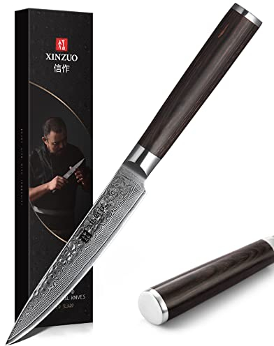 XINZUO 12.3cm Damaskus Allzweckmesser, Hochwertige Scharf Universalmesser Profi Schälmesser Obstmesser Edelstahl mit Hohem Kohlenstoffgehalt Küchenmesser mit Ergonomischer Pakkaholz Griff