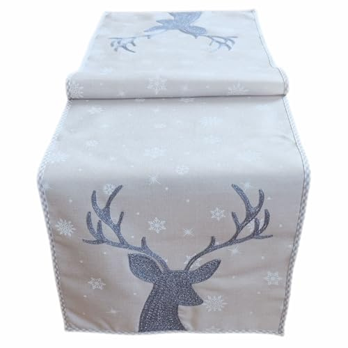 Tischläufer 40 x 140 cm hellgrau grau weiß eisblau Stickerei Hirsch Weihnachten Weihnachtsdeko Weihnachtstischdecke Mitteldecke Tischdeko Tischdecke