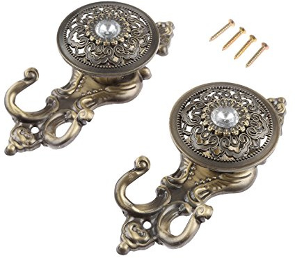 Hicello 2Pcs Vintage Curtain Tiebacks Hook Bronze+Crystal Decor Wall Hooks Window Holdback Clothes Hanger with Screws