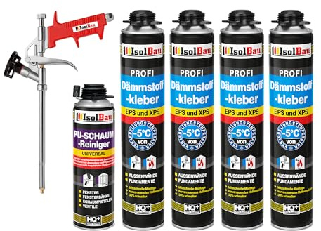 Isolbau B2 Dämmstoffkleber SET - 4 x 750 ml Perimeterkleber, 1 x PU-Schaum-Reiniger & 1x Schaumpistole für EPS & XPS-Platten - 1K PU-Klebeschaum für Fixieren und Isolieren