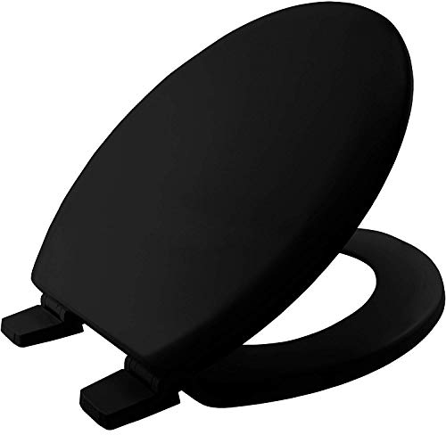 BEMIS Chicago Black Toilet Seat. Wooden Toilet Seat with Water Based Paint for Easy Clean. Oval Shape, with Adjustable Plastic Hinges, Universal & Easy Installation, Black